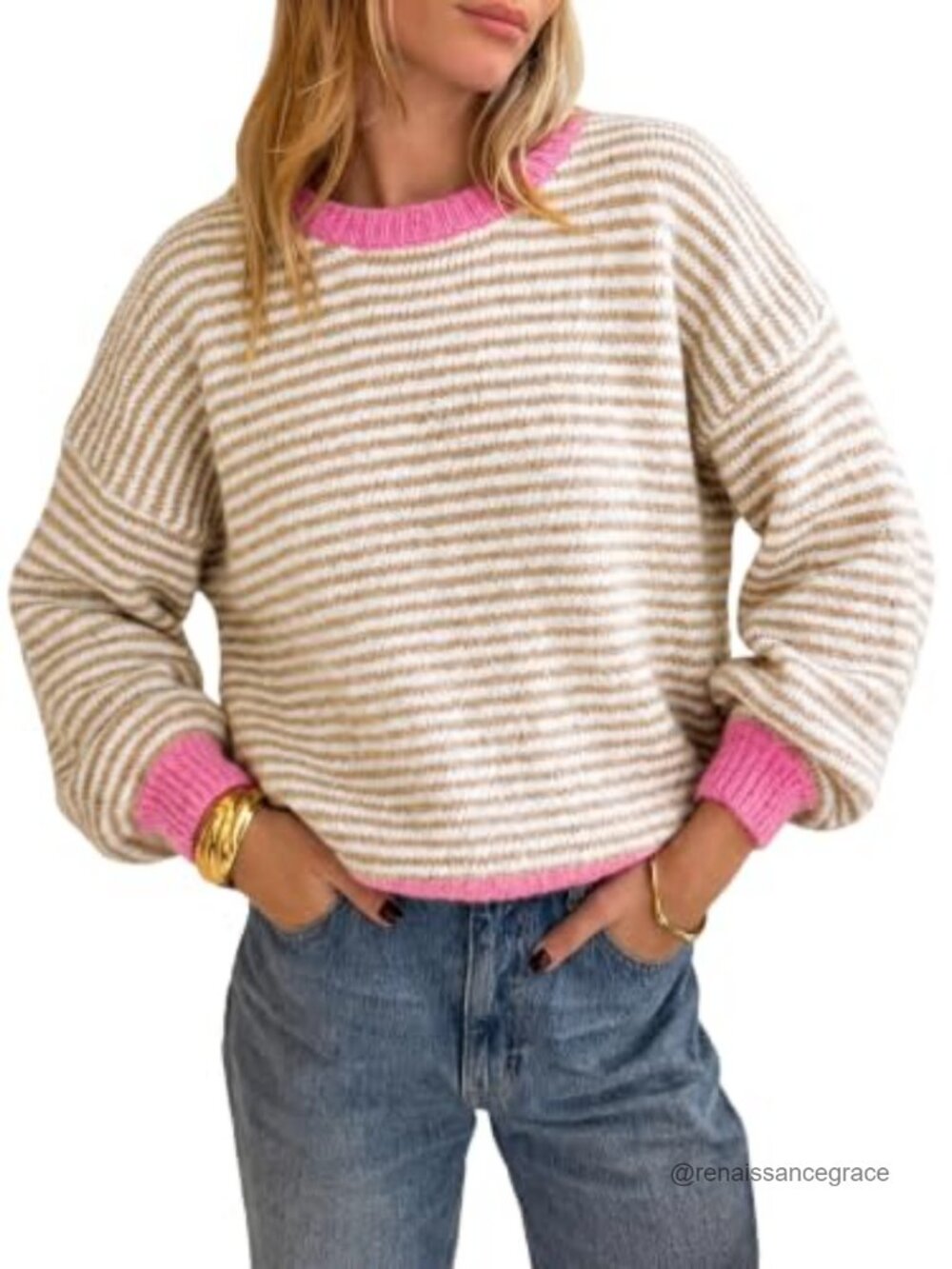 Striped Color Block Knit Pullover Sweater Loose Fit Crew Neck Long Sleeve